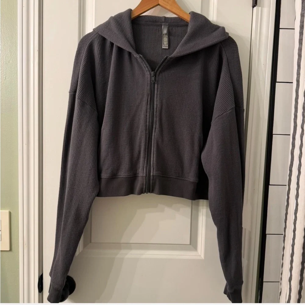 Skims Gray Waffle Cropped Zip Hoodie - Picture 1 of 5